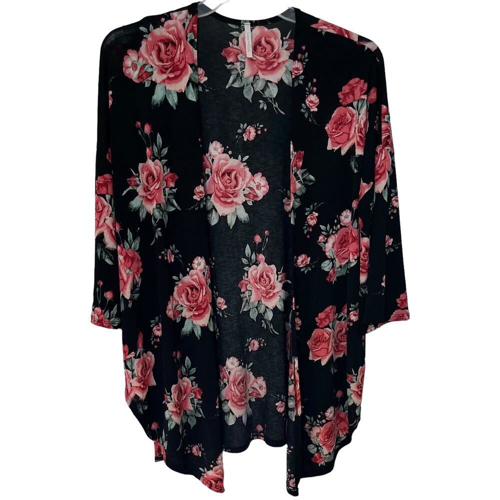 LIME N CHILI OPEN-FRONT CASCADING COVER-UP, WOMENS, M, BLACK W/PINK & GREEN ROSE